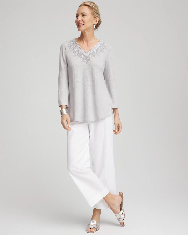 Linen Metallic Embroidered V-Neck Tunic - image 2